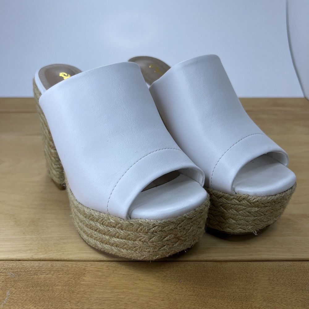 Qupid White Jute  Heels 5.5‎ Casual Clubbing Faux Leather Chunky Platform